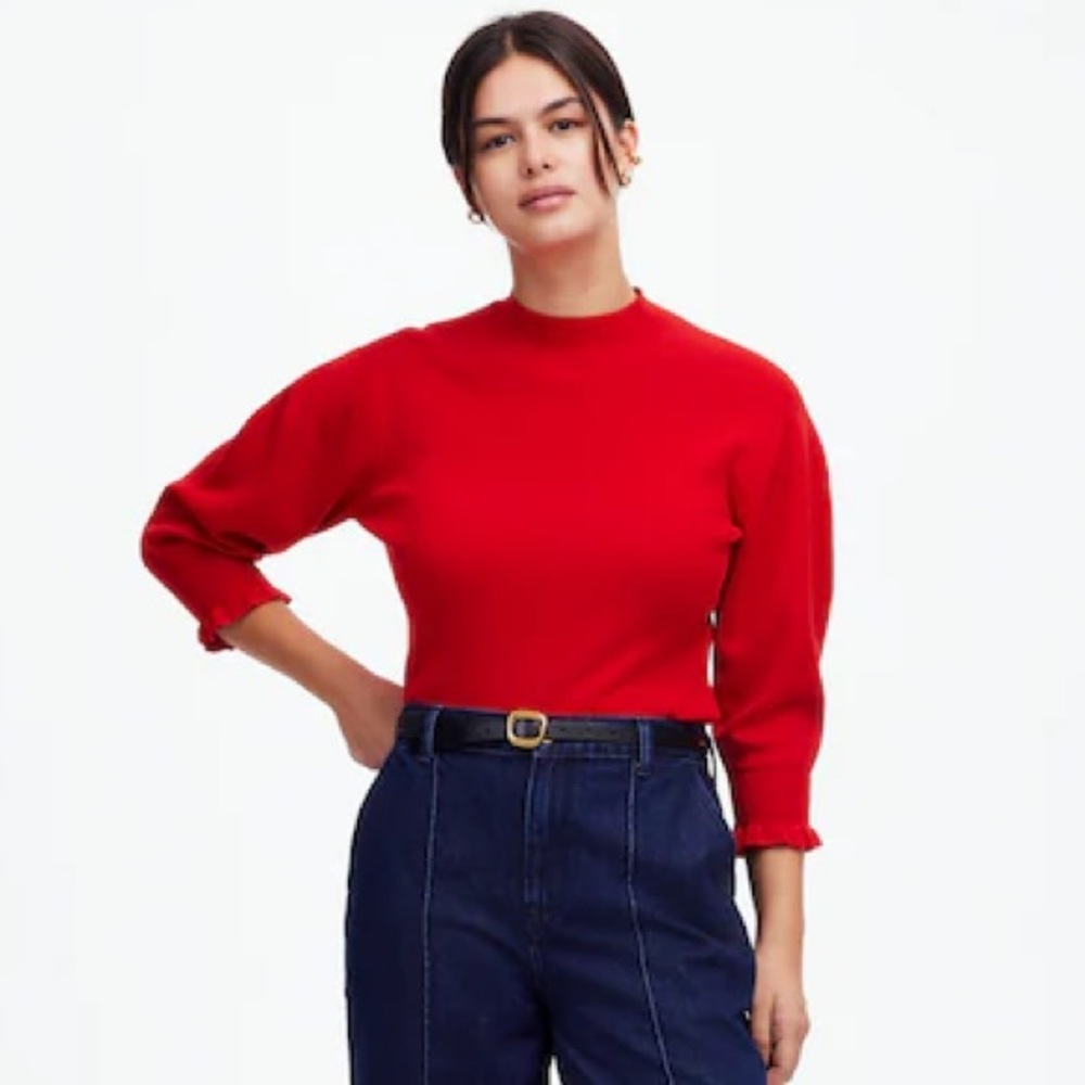 Madewell Merino Wool Ruffle Mockneck Sweater Women's Red Sweater Small NWT $120